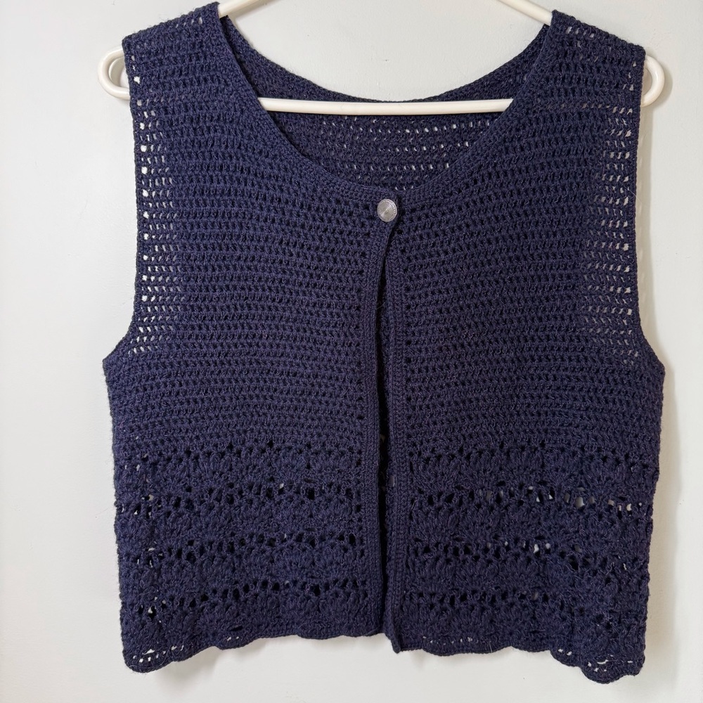 Handmade crocheted sweater vest boxy fit single button closure navy blue/purple
